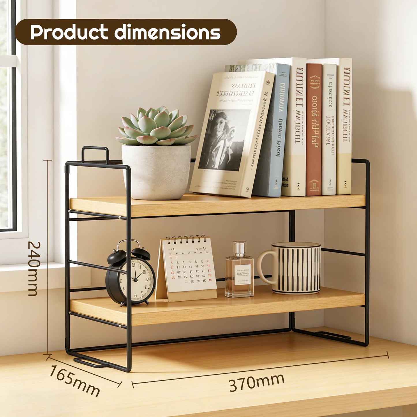 Milky Way Desktop Bookshelf Organizer, 2-Tier Wood Desk Shelf, Black Frame