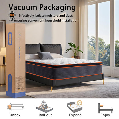 SEZMOONSI Double Mattress 4FT6, Hybrid Gel Memory Foam Pocket Sprungs Mattress, Motion Isolated, 7-Zone, Orthopedic, Pressure & Back Pain Relief