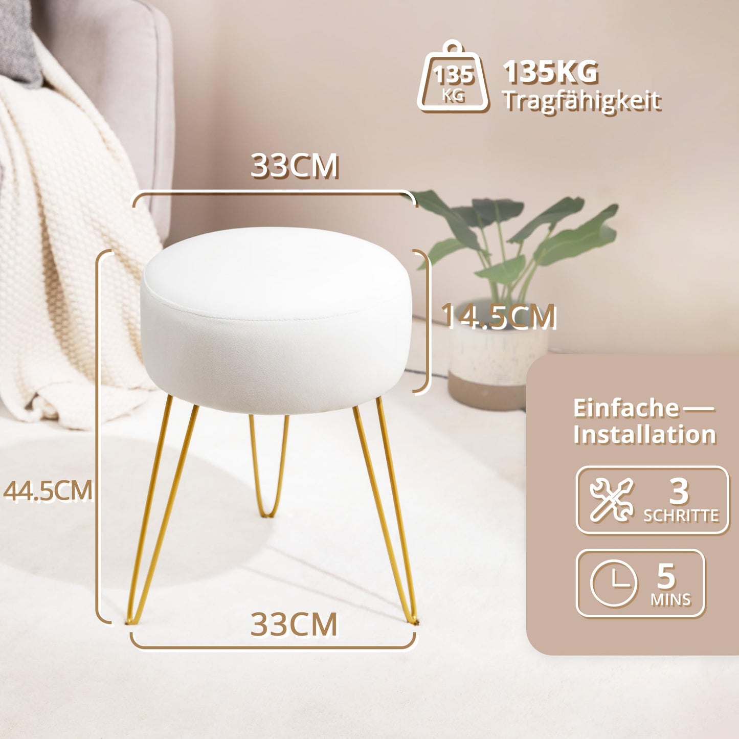 LUE BONA Velvet Round Stool Dressing Table Stool, Makeup Vanity Stool, Ottoman Padded Stool Metal Legs Support, White