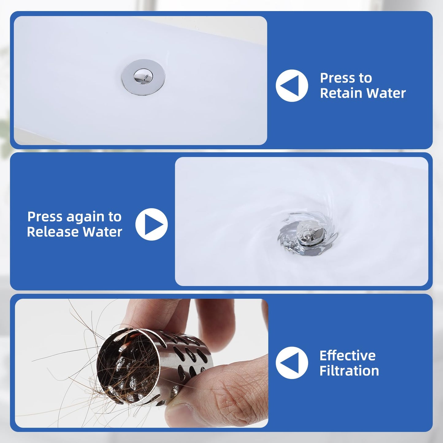 iFealClear Upgraded 3 in 1 Bathroom Sink Plug, Hair Catcher, Pop Up Sink Strainer Plug with Detachable Stainless Steel Filter Basket