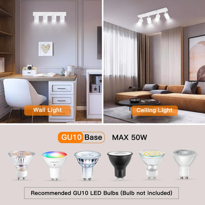Ketom Adjustable 4 Way Ceiling Spotlight Fitting - GU10 LED Ceiling Light Rotatable - Indoor Spotlights Ceiling Lights - Modern White Metal Ceiling
