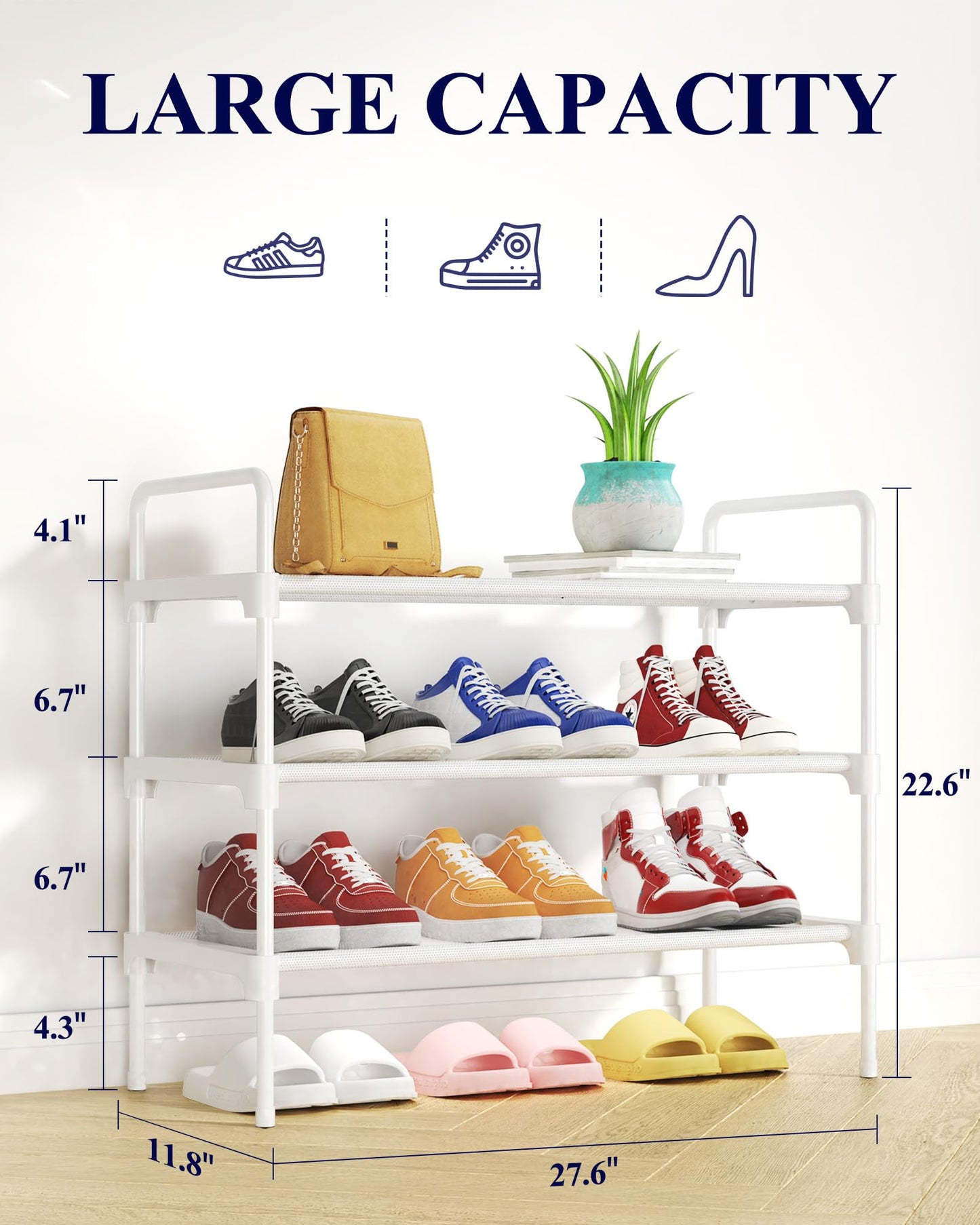 Kitsure Space-Saving Shoe Rack for Closet, 70.0 cm Wide - 3 Tiers, White