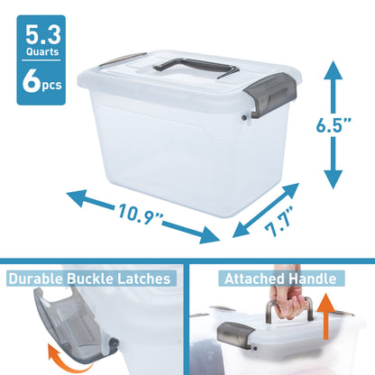 Citylife 6 Packs Plastic Storage Box with Lids Storage Boxs with Handle Clear Stackable Storage Boxes 5L, 27.8 x 19.5 x 16.4cm