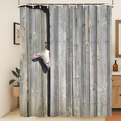 Xiaoterna Rustic Shower Curtain Farm Animal Bathroom Curtain Rustic Wooden Door Cute Sheep in Rustic Wooden Cottage Farmland Waterproof Mildew