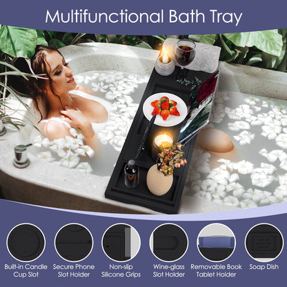 Foldable Bathtub Plate, Bamboo, Bath Shelf with Wine Glass Holder, Book Holder, Telephone, Tablet with Pull-Out Sides, Adjustable Soap Holder