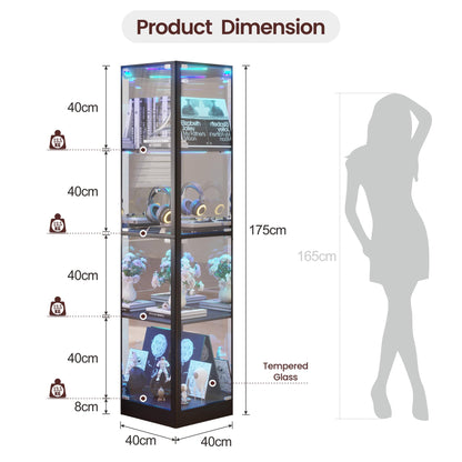 FREDEES Glass Display Cabinet with RGB Lights, 175CM, Black