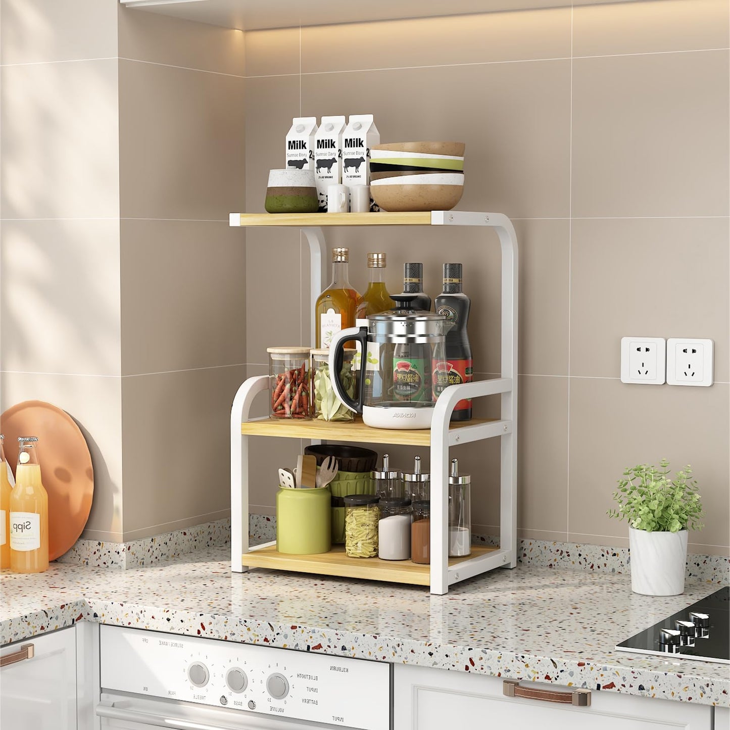Numjeg Kitchen 3-Tier Spice Rack Metal Rack Counter Shelf Desktop Storage Small Organizer Standing Seasoning Countertop Living Room Desktop White