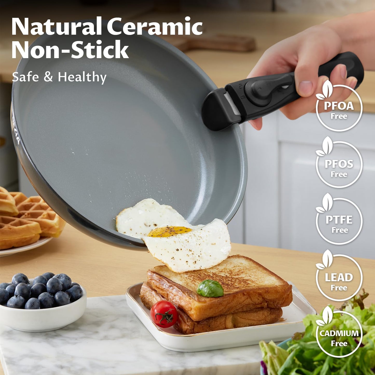 BEZIA Induction Hob Pans Set, Ceramic Nonstick Pots and Pans Set 10 Pieces, Pan Sets with Detachable Handles, Stackable Cookware Set for All Hobs