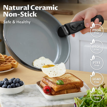 BEZIA Induction Hob Pans Set, Ceramic Nonstick Pots and Pans Set 10 Pieces, Pan Sets with Detachable Handles, Stackable Cookware Set for All Hobs