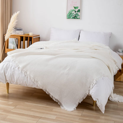 GAOWEI Waffle Sofa Throws Couch Cover Large 3 seater with Decorative Fringe ideal for Sofa Couch Chair and Bed Cotton fit All Season,White 180x300cm