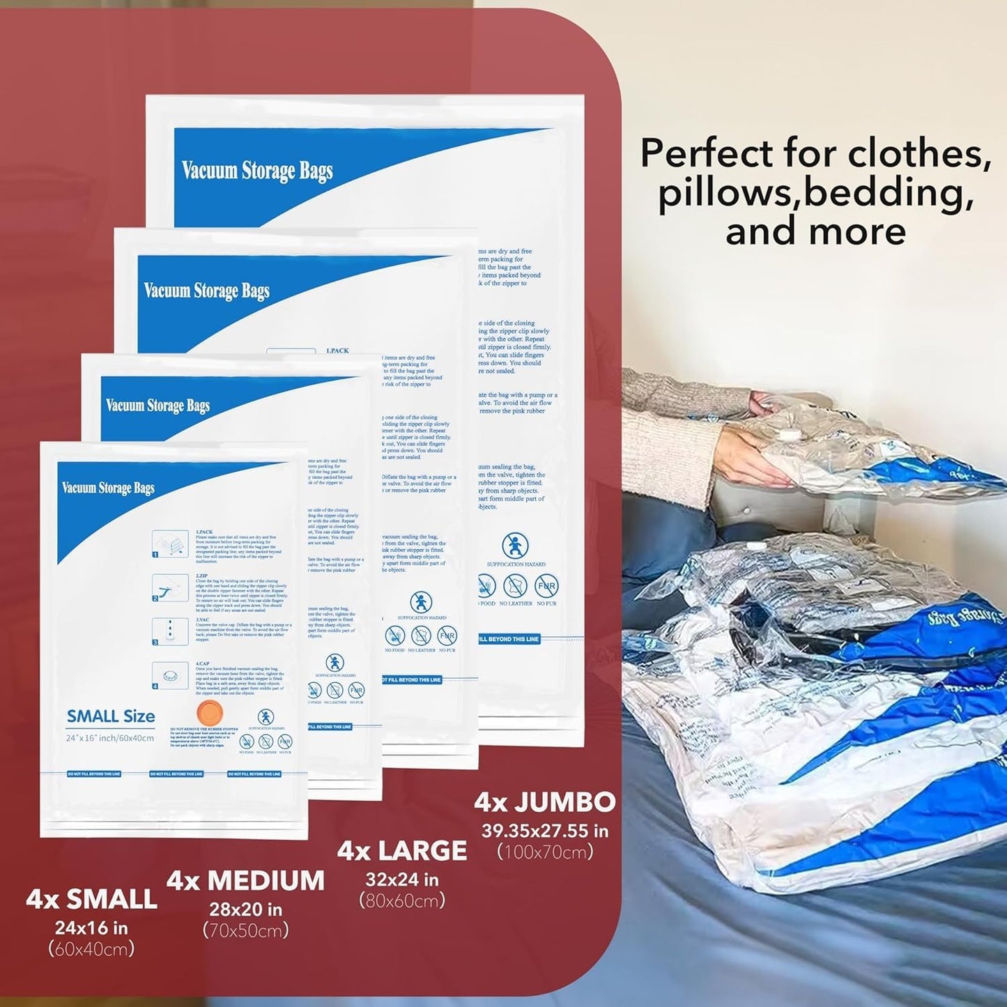 16 Pack Vacuum Storage Bags with Electric Air Pump,4 jumbo, 4 large, 4 midium, 4 small bags Airtight Compression Bags for Clothes, Pillows