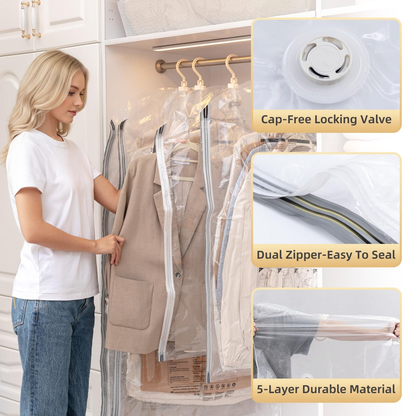 TAILI Hanging Vacuum Storage Bags, Vacuum Storage Bags for Coats, 4 Jumbo