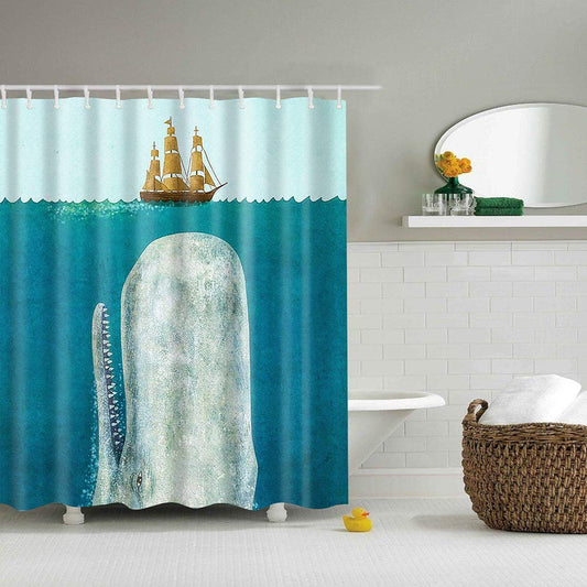 BOYOUTH Watercolors Blue Whale and Sailboat Pattern Digital Print Shower Curtains for Bathroom Decor,Polyester Waterproof Fabric Bath Curtain with 12