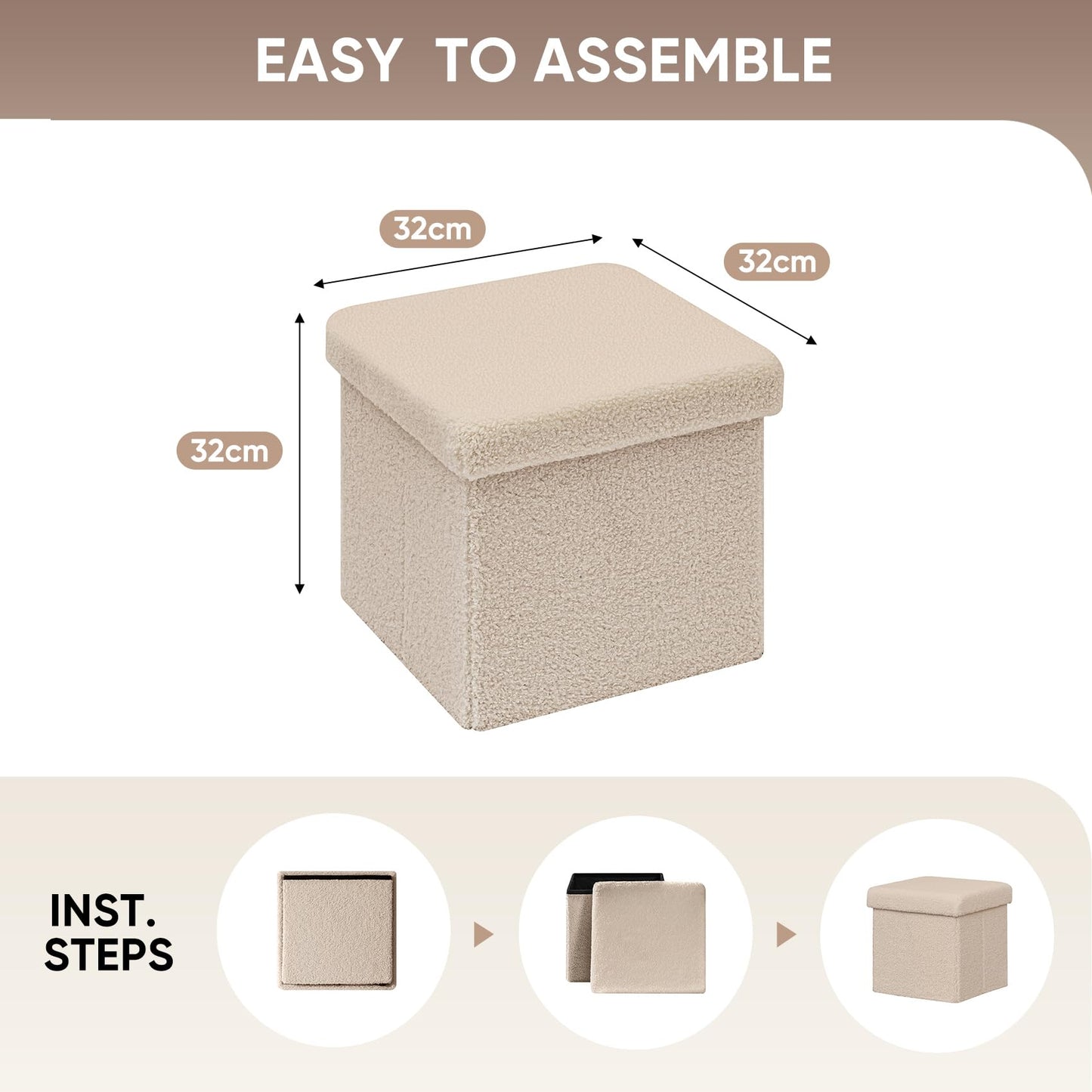 Bonlife Small Folding Storage Ottoman, Foot Rest Stool Seat Sherpa Ottoman with Storage for Bedroom,Living Room,Beige,32X32X32cm