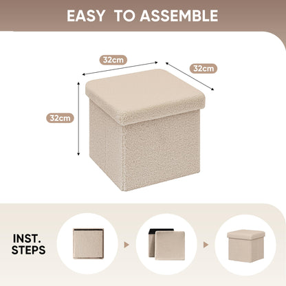 Bonlife Small Folding Storage Ottoman, Foot Rest Stool Seat Sherpa Ottoman with Storage for Bedroom,Living Room,Beige,32X32X32cm