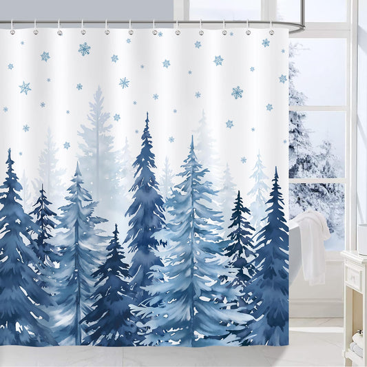 COZZSNUGE Winter Misty Forest Shower Curtain, Blue Pine Tree Snowflake Nature Snow Scene Bathroom Curtain 180 x 180 cm