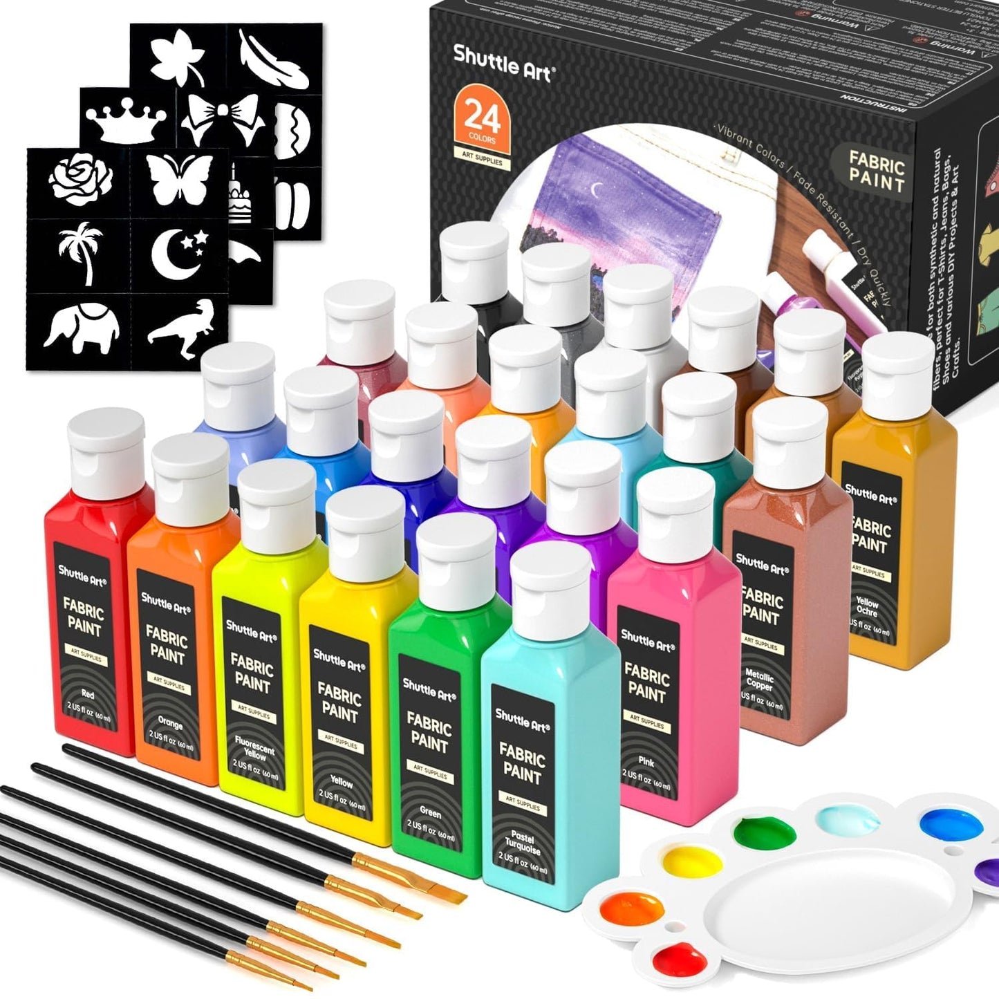 Shuttle Art Fabric Paint Permanent for Clothes, 24 Colours Fabric Paints in Bottles (60ml/2oz) with Brushes, Palette, Stencils, Non-Toxic Textile