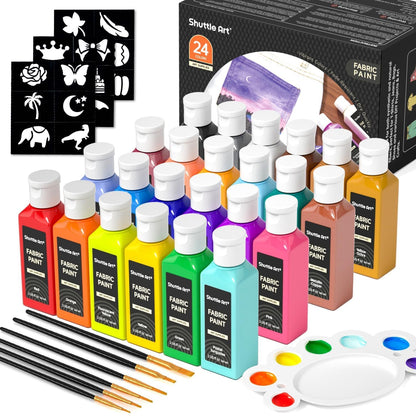 Shuttle Art Fabric Paint Permanent for Clothes, 24 Colours Fabric Paints in Bottles (60ml/2oz) with Brushes, Palette, Stencils, Non-Toxic Textile