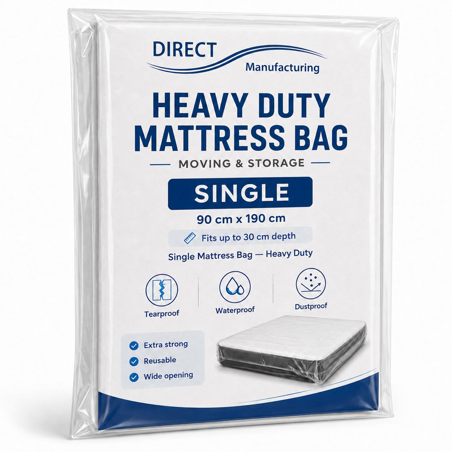 Direct Manufacturing Mattress Storage Bag, 400-Gauge Polythene, Single Bed Size (90x190x30 cm), Waterproof Protection for Moving House and Storage