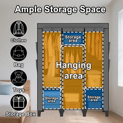 OPPAIYA Canvas Wardrobe, Portable Wardrobe With 3 Hanging Rails, 6 Shelves and 8 Side Bags, 165 * 45 * 125cm Temporary Storage Closet
