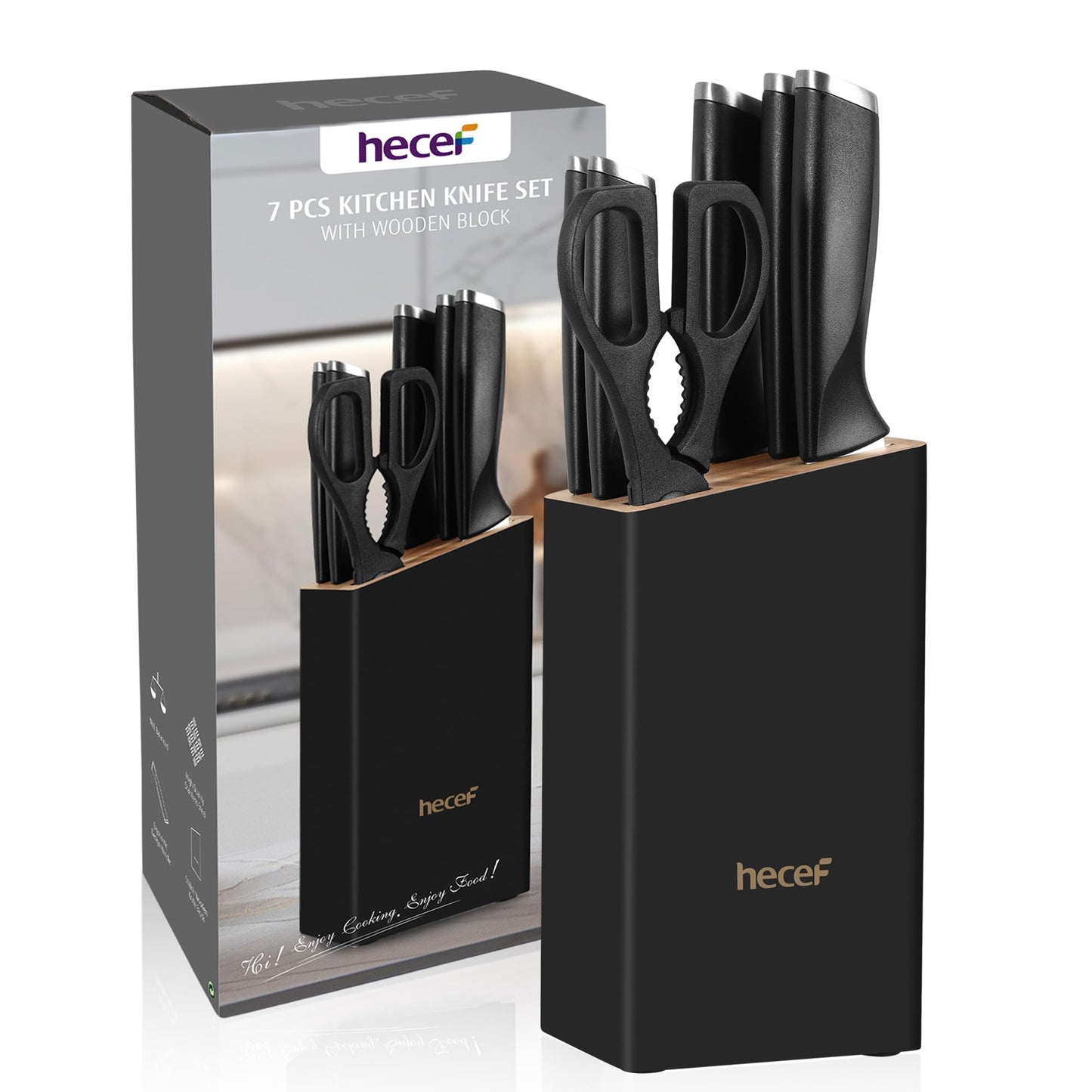 hecef 7-Piece Sharp Knife Set with Wooden Block - Durable Stainless Steel Blades, Ergonomic Handles - Includes Chef, Slicing, Bread, Utility, Paring