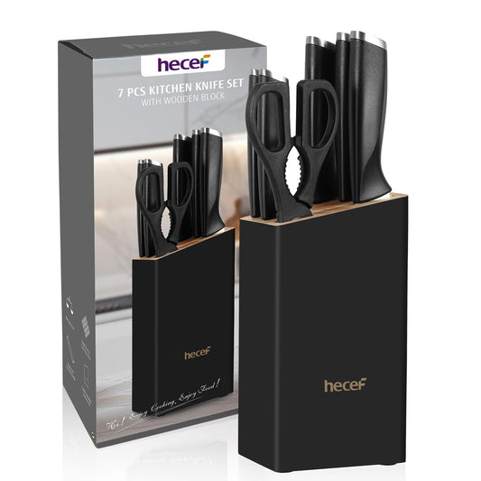 hecef 7-Piece Sharp Knife Set with Wooden Block - Durable Stainless Steel Blades, Ergonomic Handles - Includes Chef, Slicing, Bread, Utility, Paring