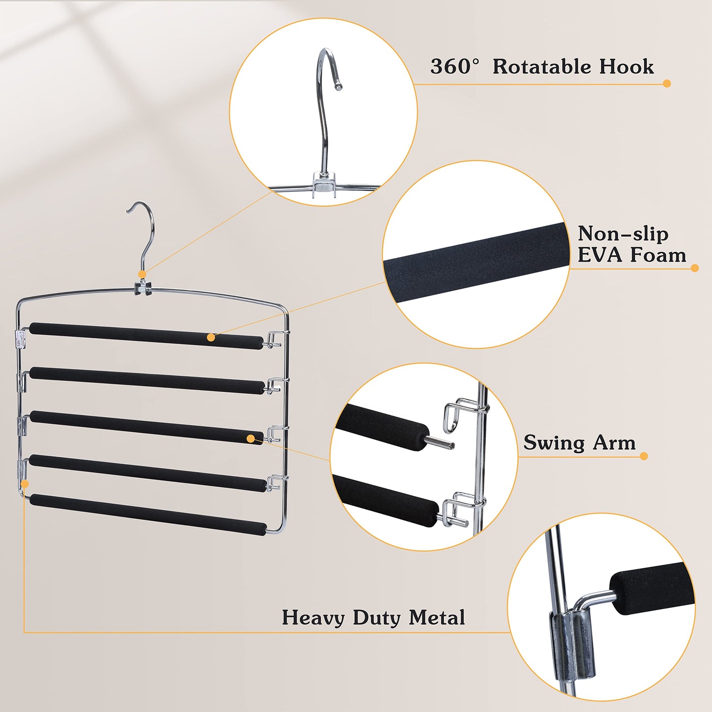TOPIA HANGER Pants Hangers Space Saving, 2-Pack Swing Arm Pants Organizer for Closet, Non-Slip Foam Padded Organizer Hanger for Multi Slacks, Jeans