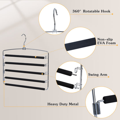 TOPIA HANGER Pants Hangers Space Saving, 2-Pack Swing Arm Pants Organizer for Closet, Non-Slip Foam Padded Organizer Hanger for Multi Slacks, Jeans
