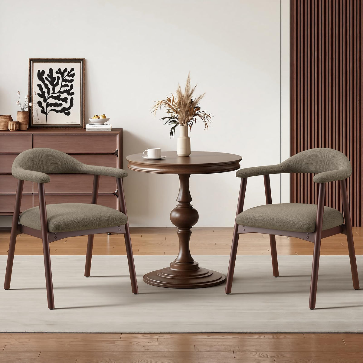 MALOL Wooden Dining Chairs Set of 2, Fabric Chairs for Dining Room with Armrest, Upholstered Kitchen Chairs with Curved Back and Wood Legs for Dining
