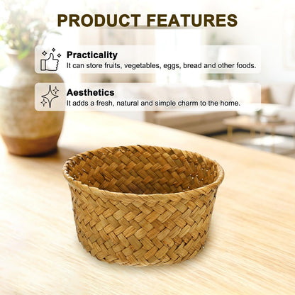M METERXITY 2-Pack Natural Seagrass Woven Storage Basket, Small Round Storage Seaweed Woven Sundries Baskets for Fruit/Kitchen/Desktop/Household