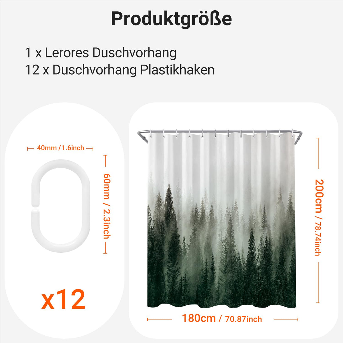 Lerores Shower Curtain, 180 x 200 cm, Green, Weighted Hem, Anti-Mould, Water-Repellent
