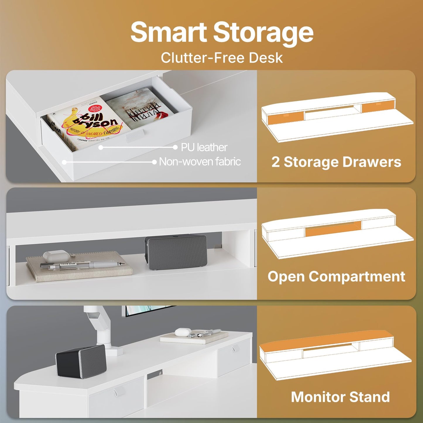 HUANUO Standing Desk with Drawers, 100x60cm, White