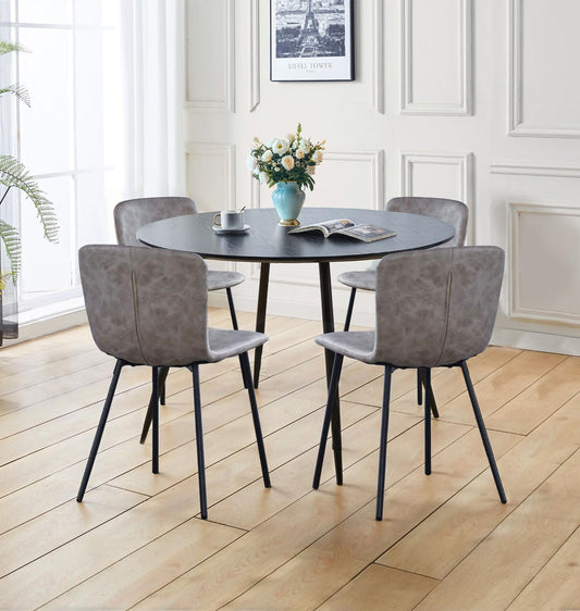 Hallowood Furniture Cullompton Round Dining Table and Chairs Set 4, Black Wooden Effect Kitchen Table and Chairs in Taupe Faux Leather Upholstery for