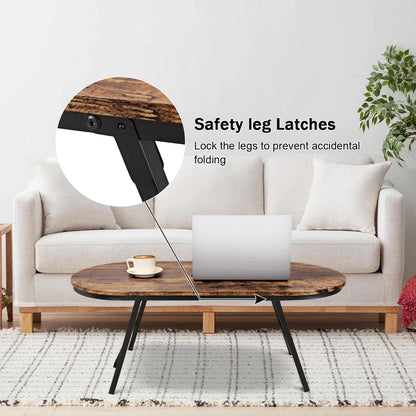 FEUFOAM Folding Coffee Table for Living Room Industrial Brown Small Low Table Wooden Foldable Coffee Tables Oval Floor Desk Tables for Small Spaces