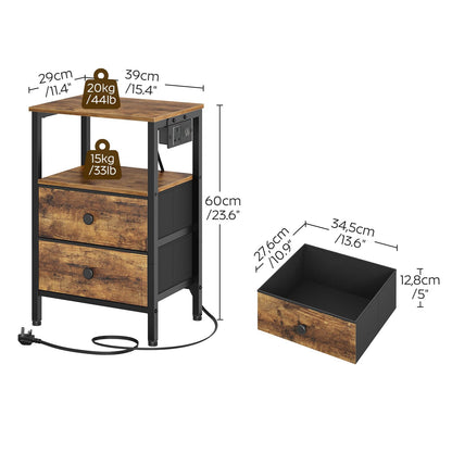 YATINEY Bedside Tables with Charging Station, Set of 2, Nightstands with 2 Drawers and 2 Shelves, End Tables with Outlet and USB Ports
