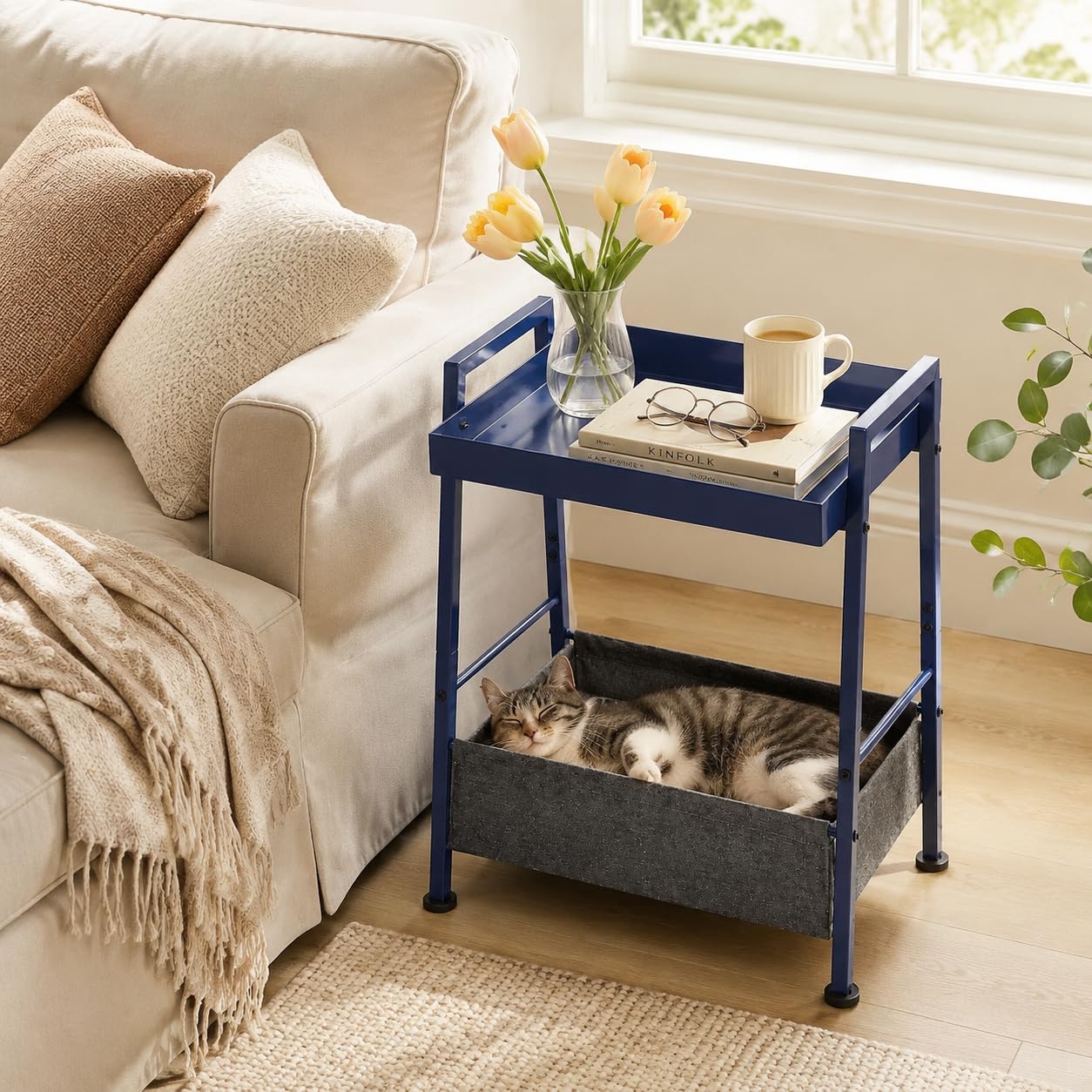 ZEXVIDA Small End Table with Fabric Storage Basket, 2-Tier Modern Metal Side Table with Tray Top, Unique Side Tables