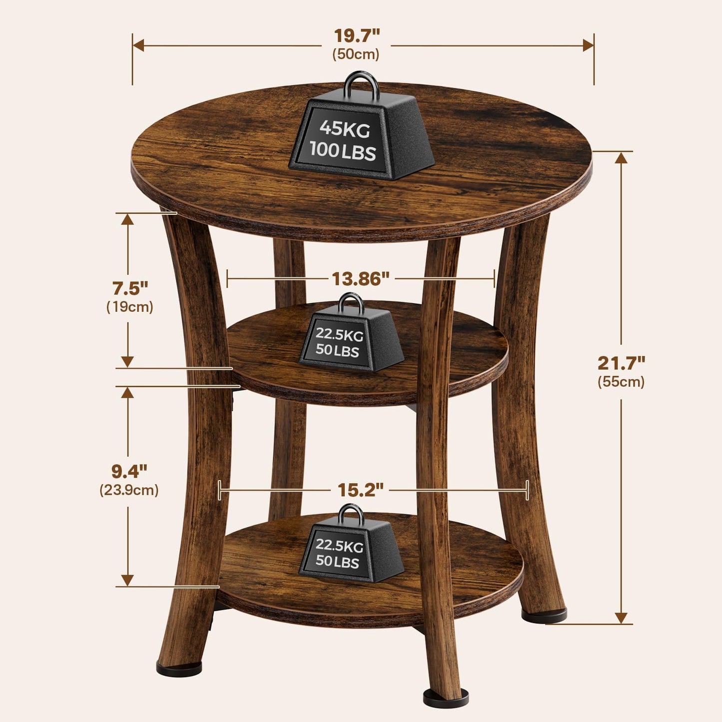 Yuede Round End Table, 3 Tier Side Table with Storage, Farmhouse Wood Side Table, Vintage Sofa Bedside Table Coffee Table for Bedroom Living Room