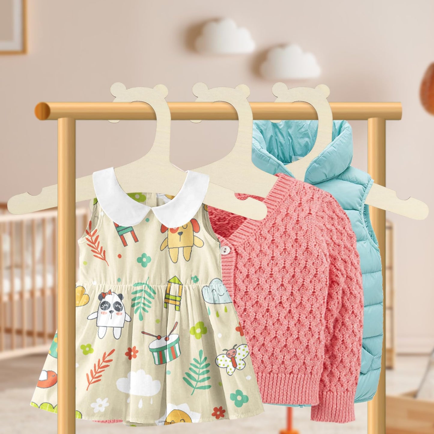 FAMCUCHE 14Pcs Wooden Baby Hangers, Non-Slip Baby Hangers Newborn, Space Saving Wooden Hangers for Clothes, Kids Hangers for Jackets, Dresses