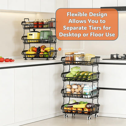 Metal Wire Basket with Top handle and Rolling wheels, Stackable Separable Storage Cart, Heavy Duty Organizer for Kitchen, Bathroom, Bedroom