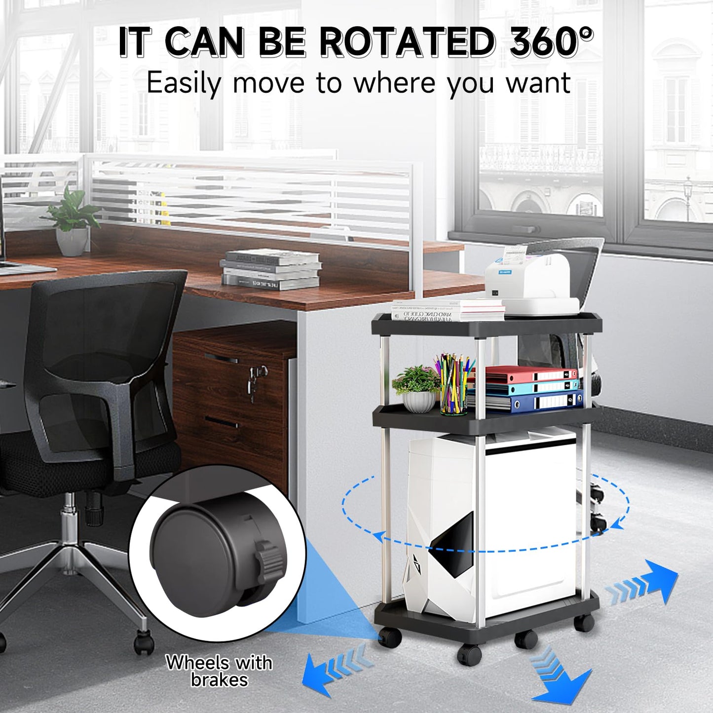 Niciksty 3 Tier Mobile CPU Tower Stand with Wheels, Black