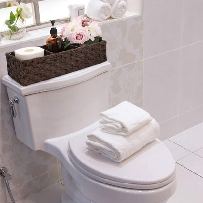[Larger Compartments] Toilet Tank Topper Paper Basket - Multiuse Hand Woven Plastic Wicker Basket with Divider for Organizing