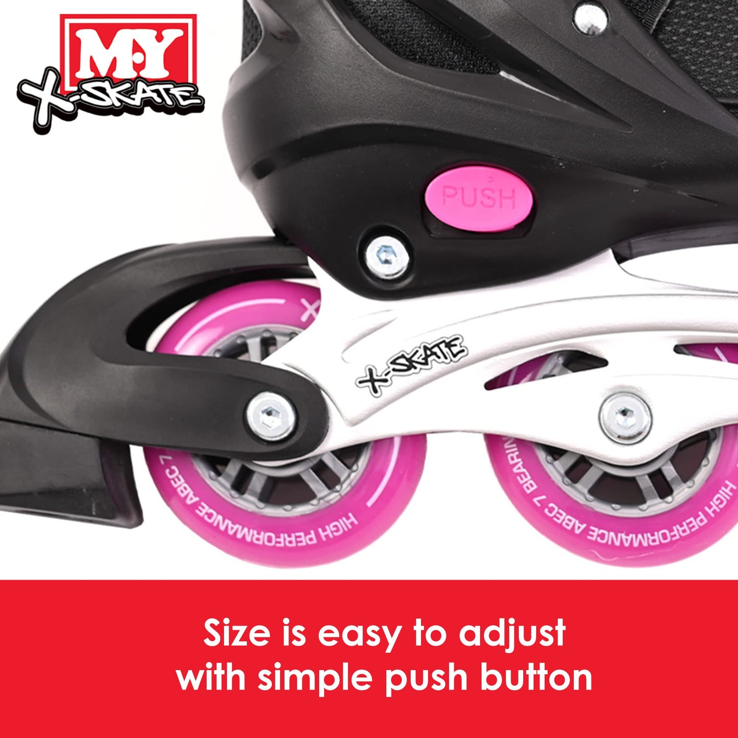 M.Y X-Skate Adjustable Pink Inline Roller Skates with Built In Adjusters Kids Roller Boots for Boys & Girls - Large