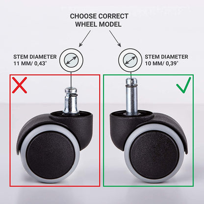SKIR'CO (5 pcs) 50 mm Rubber Chair Wheels, Rolling Office Chair Castors, Replacement Casters, Swivel Wheels, Universal Long Stems (5, Ø 10 mm)