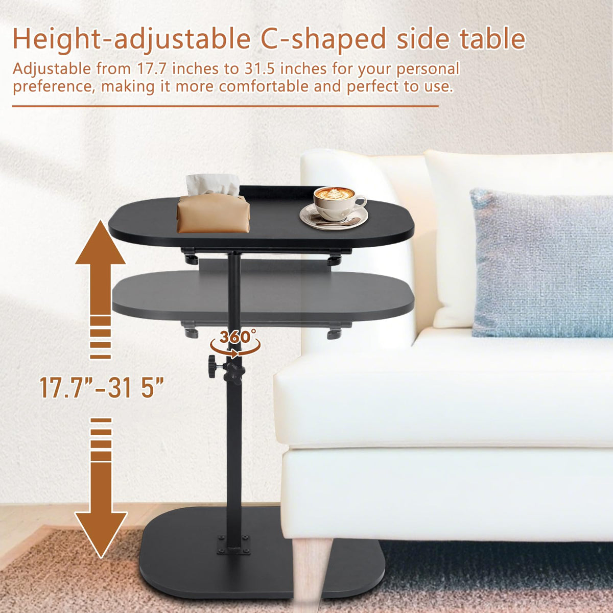 Kiss Me Adjustable Height C-Shape Side Table 360° Swivel Laptop Desk