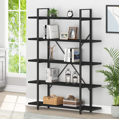 HSH 5 Tier BookShelf Farmhouse Storage Bookcases Modern Shelf Black Oak