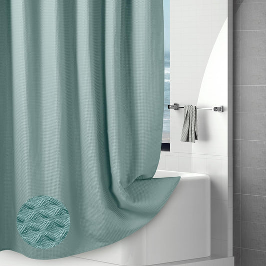 Hotel-Quality Teal Waffle Shower Curtain, Water Repellent Bath Curtain Prevents Water Escaping, 256GSM Thick Heavy Duty Fabric Texture Wet Room Shower