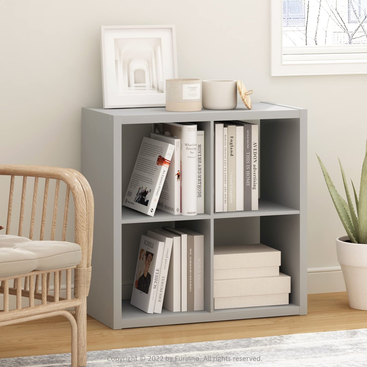 Furinno CUBICLE Book Shelf, 4-Cube Bookself, Thick Frame Bookcase with Reversible Open Back, 14.6 x 30 x 30, for Living Room, Bedroom, Home Office