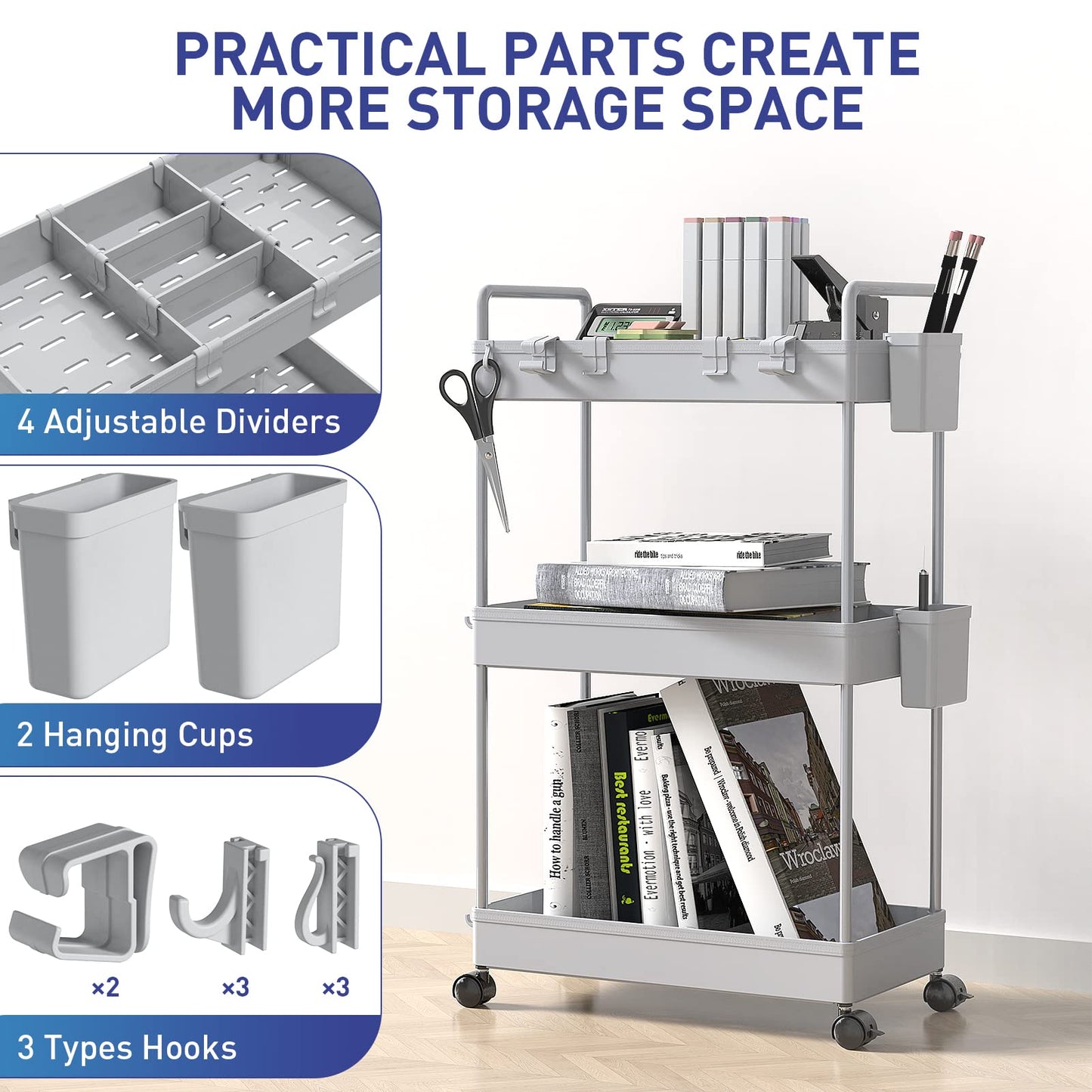 Ronlap Slim Storage Trolley, 3 Tier Rolling Cart Storage Organizer, Grey