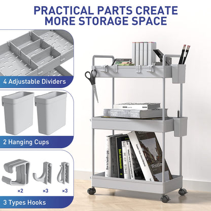 Ronlap Slim Storage Trolley, 3 Tier Rolling Cart Storage Organizer, Grey