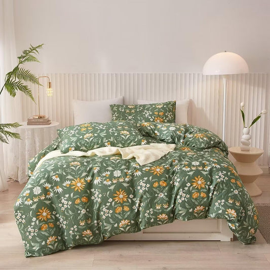 Ruccit Green Floral Duvet Cover Set King 100% Cotton Duvet Cover King Size Bed 3pcs Garden Yellow White Flowers Bedding Set with Zipper Closure Corner